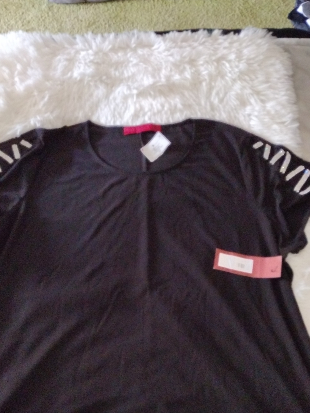 Black Women's Cutout Sleeve Tee With Rhinestones..New